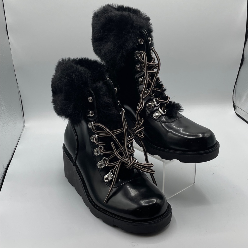 INC International Concepts Hanniap Black Faux Fur Boots, lace up, size various - Picture 2 of 7